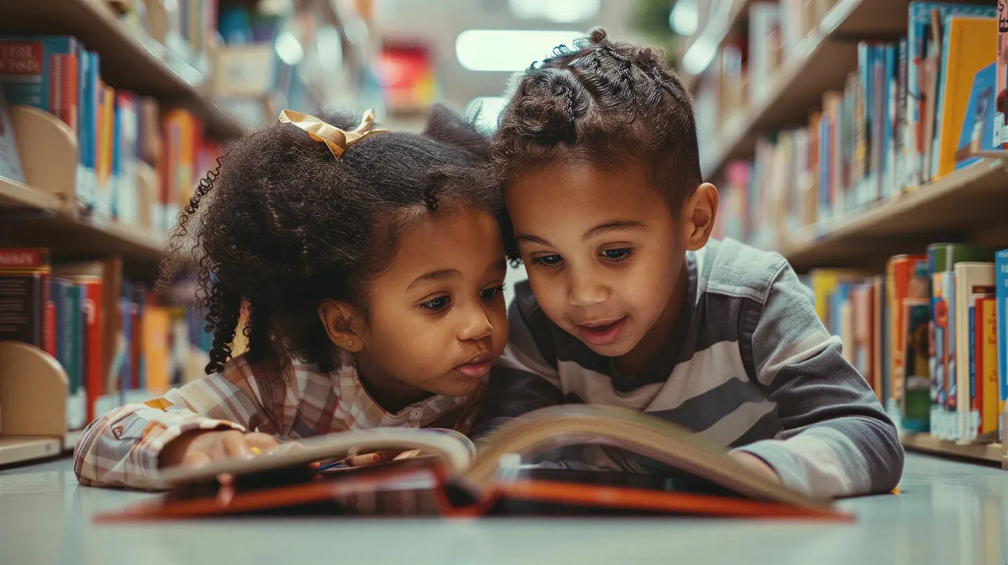 Two young children lying on a library floor, reading a picture book together